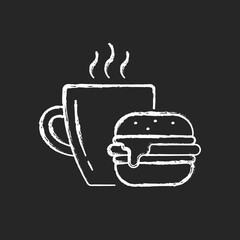 Lunch chalk white icon on dark background. Burger and drink in cup. Coffee mug with sandwich. Dining at cafe. Fast food order. Everyday routine. Isolated vector chalkboard illustration on black