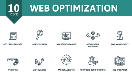 Web Optimization icon set. Contains editable icons seo theme such as seo press release, market monitoring, time management and more.