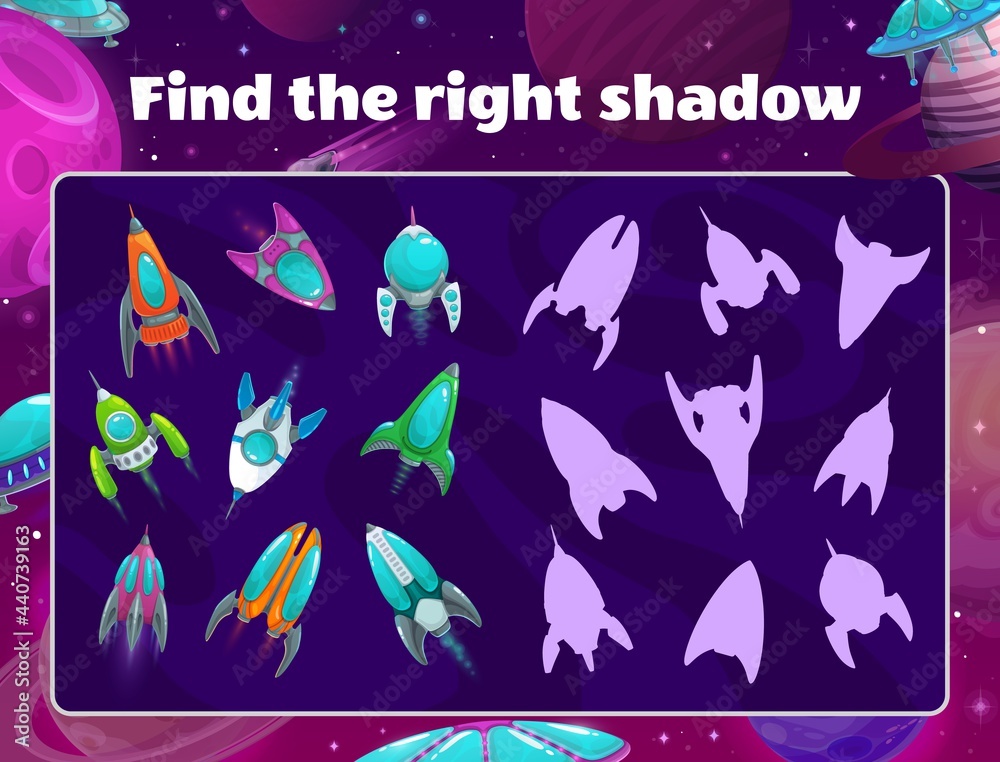 Poster shadow game with spaceships in space. vector kids riddle find correct rocket silhouettes, children l