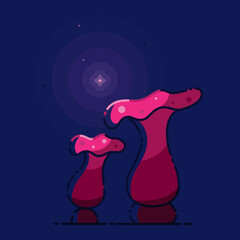 Night fairy-tale with magic purple mushrooms on blue background. Mysterious light and fireflies.