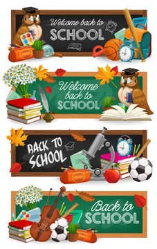 Back to school education chalkboard banners. Cartoon vector owl bird in cap, book and schoolbag, alarm clock, flowers bouquet and watercolor paints, sport balls, baseball bat and violin, pencil case