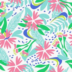 Fototapeta na wymiar Seamless natural floral pattern, abstract pink flowers and green leaves on a white background. Hand drawing. Design for textiles, wallpapers, printed products. Vector illustration