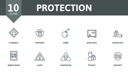 Protection icon set. Contains editable icons security theme such as flamable, bomb, access key and more.