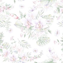 Seamless pattern. Spring delicate orchid flowers. Digital printing