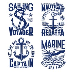 Anchor, nautical sailing t shirt prints with sea waves, yacht club and ocean fishing vector icons. Ship anchor on chain, marine regatta emblem of squid and Ahoy quote, captain academy and voyager sail - obrazy, fototapety, plakaty