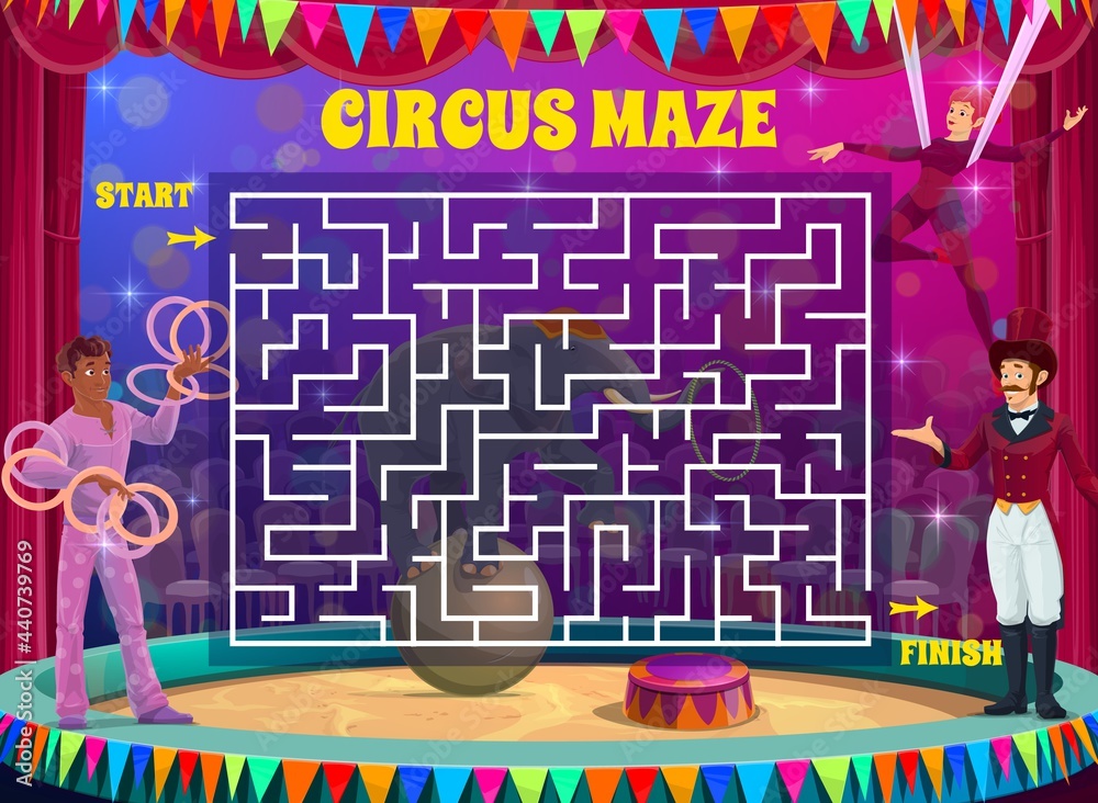 Poster Labyrinth maze game on shapito circus vector background. Kids education square maze puzzle, logic riddle or test with find right way from start to finish task, circus acrobats and elephant on stage