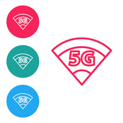 Red line 5G new wireless internet wifi connection icon isolated on white background. Global network high speed connection data rate technology. Set icons in circle buttons. Vector