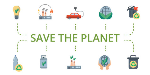 Save Planet icon set. Contains editable icons save the world theme such as combined power, bottle recycle, electric car and more.