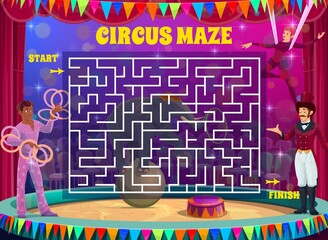 Labyrinth maze game on shapito circus vector background. Kids education square maze puzzle, logic riddle or test with find right way from start to finish task, circus acrobats and elephant on stage © Vector Tradition
