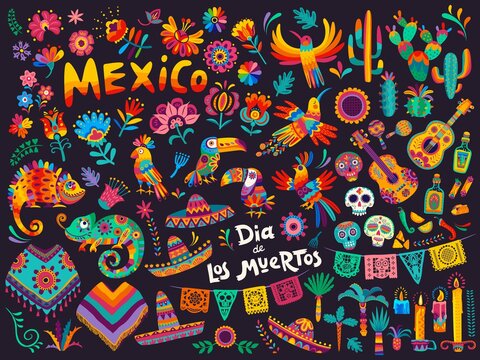 Mexican cartoon symbols of vector Dia de los Muertos or Day of Dead holiday background. Mexico Halloween sugar skulls, fiesta party sombrero hats and guitar, marigold flowers, altar and cactuses