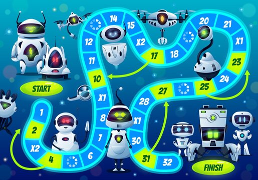 Kids boardgame with robots and droids, vector step board game with cute ai cyborgs, block path, numbers, start and finish. Cartoon educational child riddle worksheet with android futuristic characters