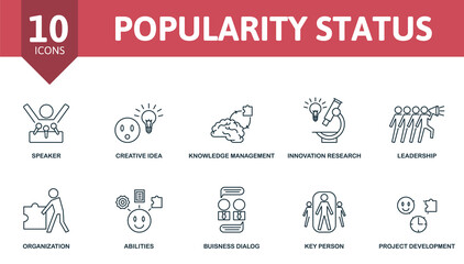 Obraz premium Popularity Status icon set. Contains editable icons reputation management theme such as speaker, knowledge management, leadership and more.
