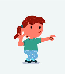 Surprised cartoon character of little girl on jeans points to something