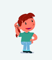 Thoughtful cartoon character of little girl on jeans scratching his head.