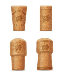 Realistic corks, wine stoppers of different shapes, 3d corkwood plugs with grape bunch and leaves image. Wooden bungs for bottle, equipment for alcohol winery production isolated on white background