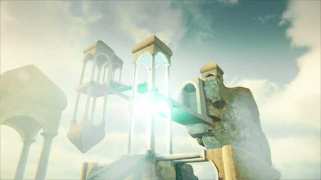 3d animation of dreamy impossible maze above clouds made of roman arcs  and stairways. Yellow version