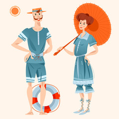 Couple in retro swimsuits. Victorian style. Beach holiday. Travel and tourism.
