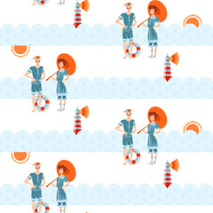 Couple in retro swimsuits. Victorian style. Beach holiday. Travel and tourism. Seamless background pattern.