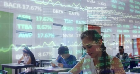 Stock market data processing against portrait of girl using digital tablet in class - Powered by Adobe