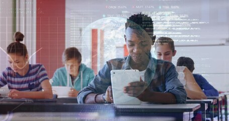 Stock market data processing over a globe against african american boy using digital tablet in class - Powered by Adobe