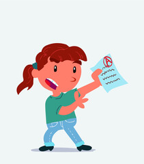 cartoon character of little girl on jeans arguing effusively with exam in hand
