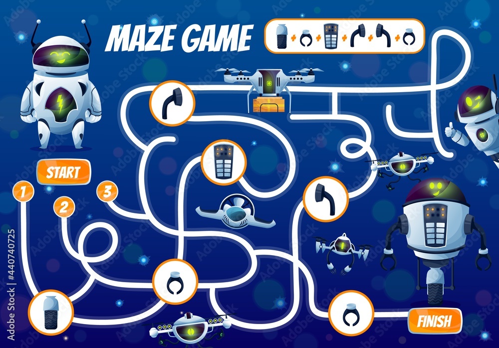 Poster fix the robot vector kids maze game or start to finish labyrinth. children education puzzle, riddle 