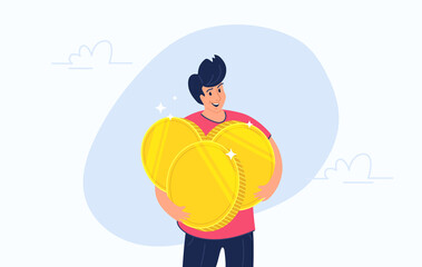Young happy man standing alone and hugging heavy three golden coins. Flat vector illustration of people who invest money, take profit on growing markets and became rich. Isolated on white background