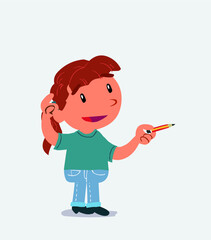 cartoon character of little girl on jeans doubts while pointing with a pencil.