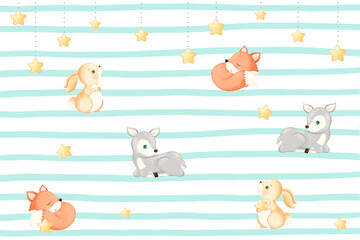 design for baby blanket, stars and cute little animals, baby animals, deer hare rabbit fox	
