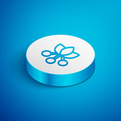 Isometric line Coffee bean, branch with leaf and berry icon isolated on blue background. Plant with leaf, berry, fruit, seed. White circle button. Vector
