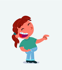  cartoon character of little girl on jeans points to his side while laughing.