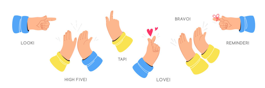 Human hands are gesturing, giving a high-five, pointing, tapping, clapping and reminding. Set of flat vector illustrations of high five, reminder, touch, applause and heart gesture isolated on white