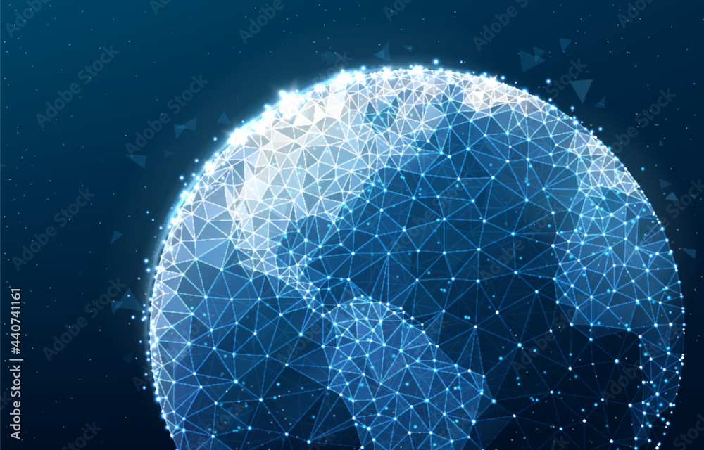 Poster World globe with low polys and glowing dots, global digital network realistic vector background. Planet Earth with triangular geometric, low poly mesh pattern, communication, internet data wallpaper