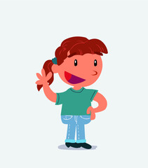 cartoon character of little girl on jeans waving happily.