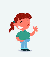 cartoon character of little girl on jeans waving informally while laughing