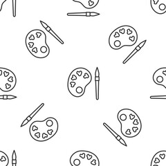 Grey line Paint brush with palette icon isolated seamless pattern on white background. Vector