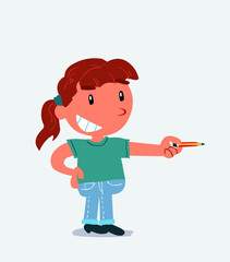 happy cartoon character of little girl on jeans points with pencil to the side