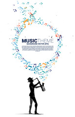 Vector music melody note flow with man and saxophone. Concept background for jazz song and concert theme.