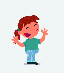 Pleased cartoon character of little girl on jeans explaining somethingPleased cartoon character of little girl on jeans explaining something