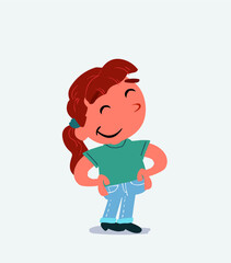 Satisfied cartoon character of little girl on jeans.