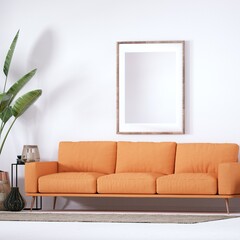 Bohemian design modern interior with Cozy Couch, White Planks Floors and House Plants. Empty Frame Mockup, Art and Print Mockup.