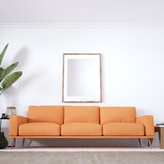 Bohemian design modern interior with Cozy Couch, White Planks Floors and House Plants. Empty Frame Mockup, Art and Print Mockup.