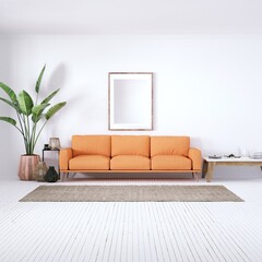 Bohemian design modern interior with Cozy Couch, White Planks Floors and House Plants. Empty Frame Mockup, Art and Print Mockup.