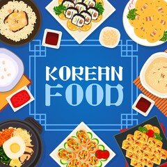 Korean cuisine vector pudding, chicken mushroom rice or bean pancakes with bacon. Vegetable omelette, sushi rolls kimbap, fried rolls with vegetables and bibimbap with milk dessert bingsu Korea dishes