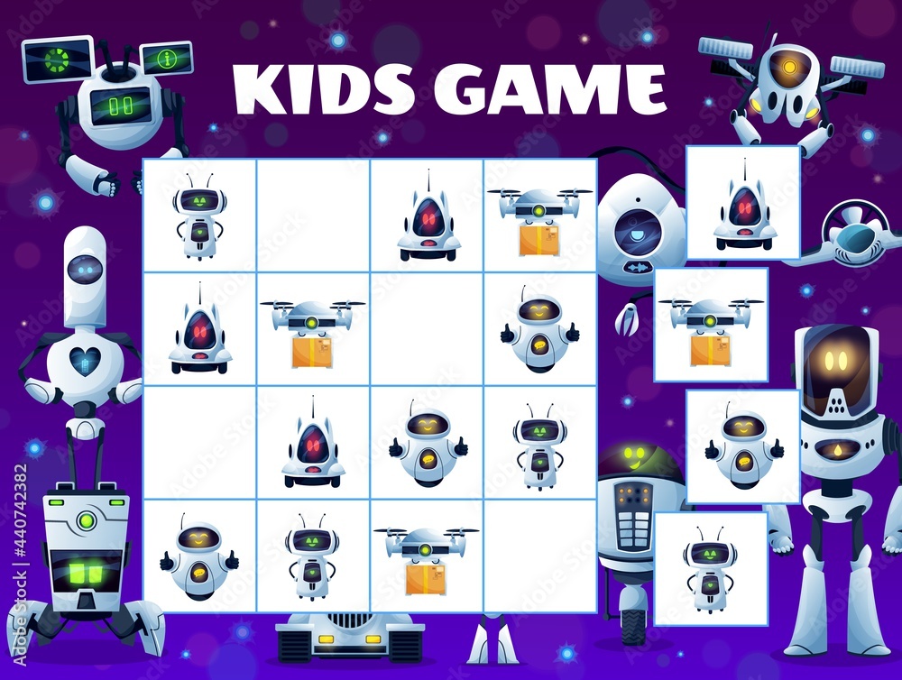 Poster Sudoku kids game block puzzle with vector robots and droid drones background frame. Education mind game, logic riddle, puzzle or test worksheet template with cartoon robots, android bots and drones