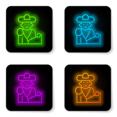 Glowing neon line Spain bullfight, matador icon isolated on white background. Traditional Spanish entertainment. Black square button. Vector
