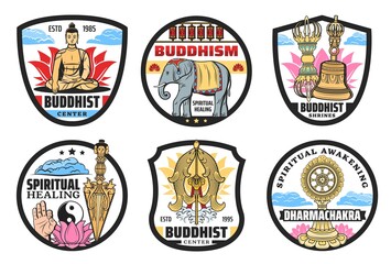 Buddhism icons, spiritual practices center. Vector meditating Buddha sitting in lotus, elephant and prayers wheels, Vajra, temple bell and Kila ritual knife, two goldfishes, dharma wheel