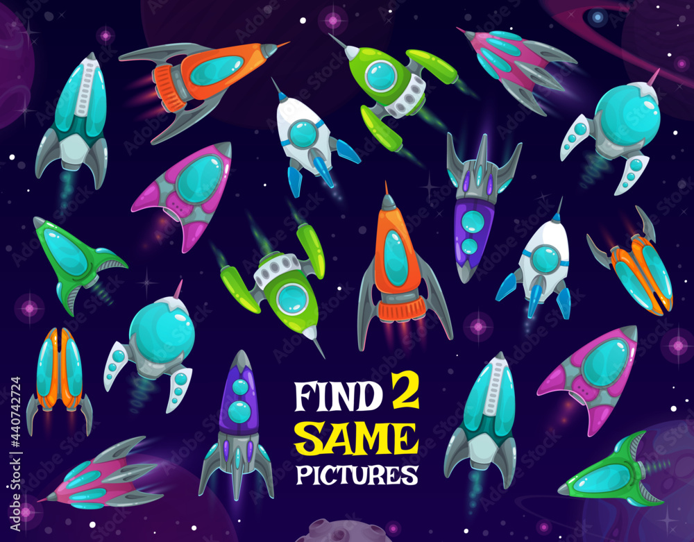 Poster spaceships in space kids game, find two same rockets vector riddle with shuttles in galaxy. children