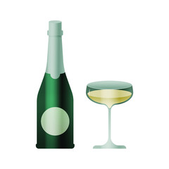 Bottle with Silver Label and Glass with  Liquid on White Background. Modern Vector Illustration. Social Media Ads.