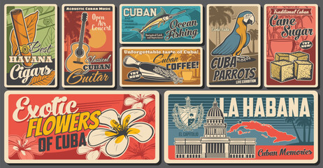 Cuba travel retro banners set, vector mariposa flower. Cuban, guitar, map of exotic island and parrot. Havana cigars and Caribbean islands. Cuban coffee beans and sugar, Habana architecture, memories © Vector Tradition